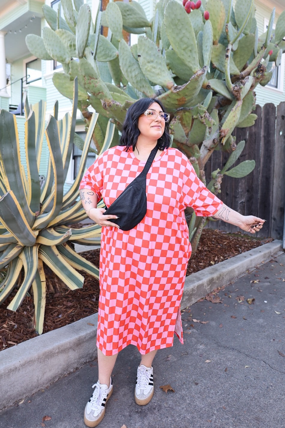 Indy Checkered Ribbed Midi Dress - Pink + Red