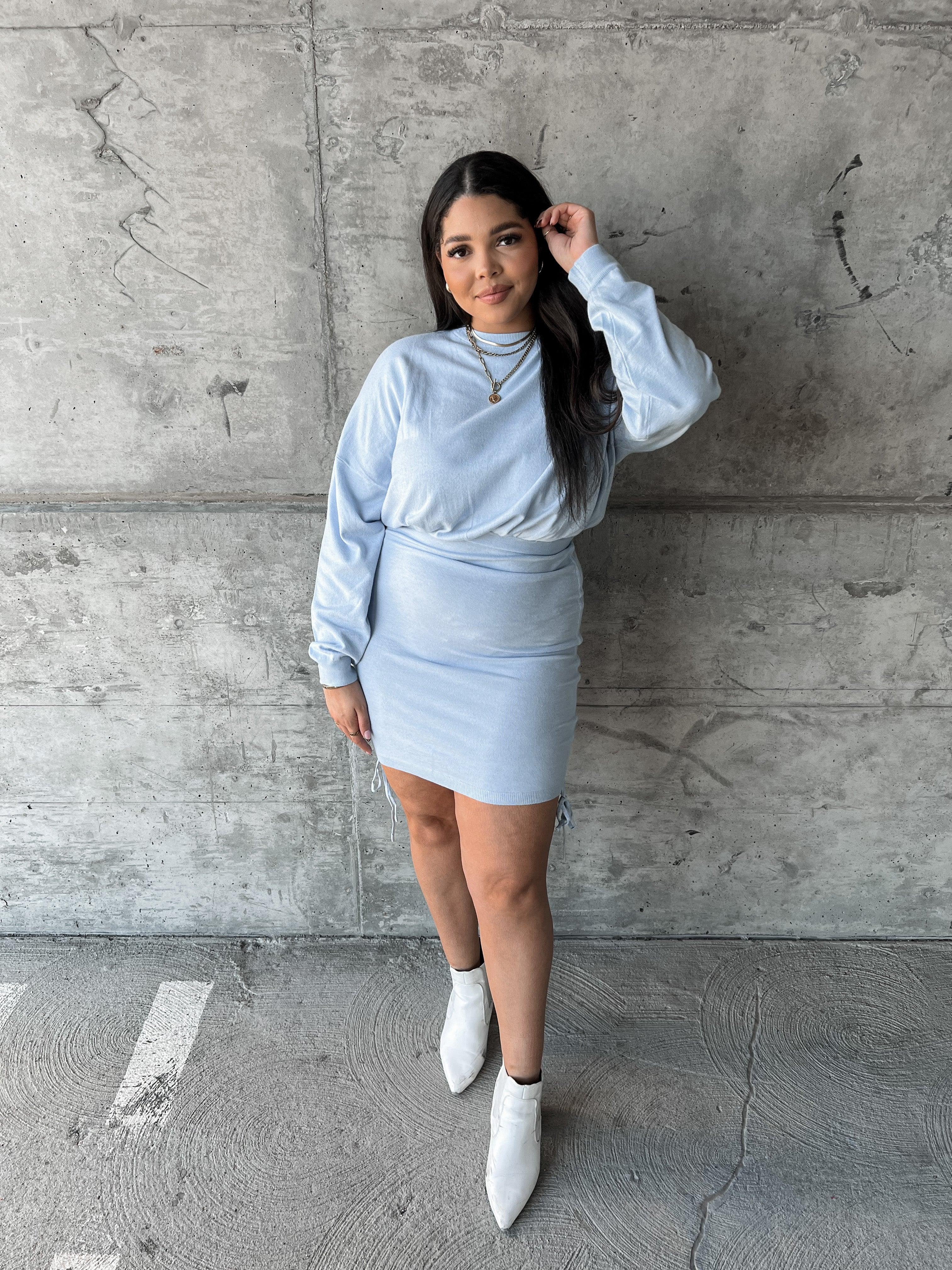 Blue sweater hot sale dress outfit